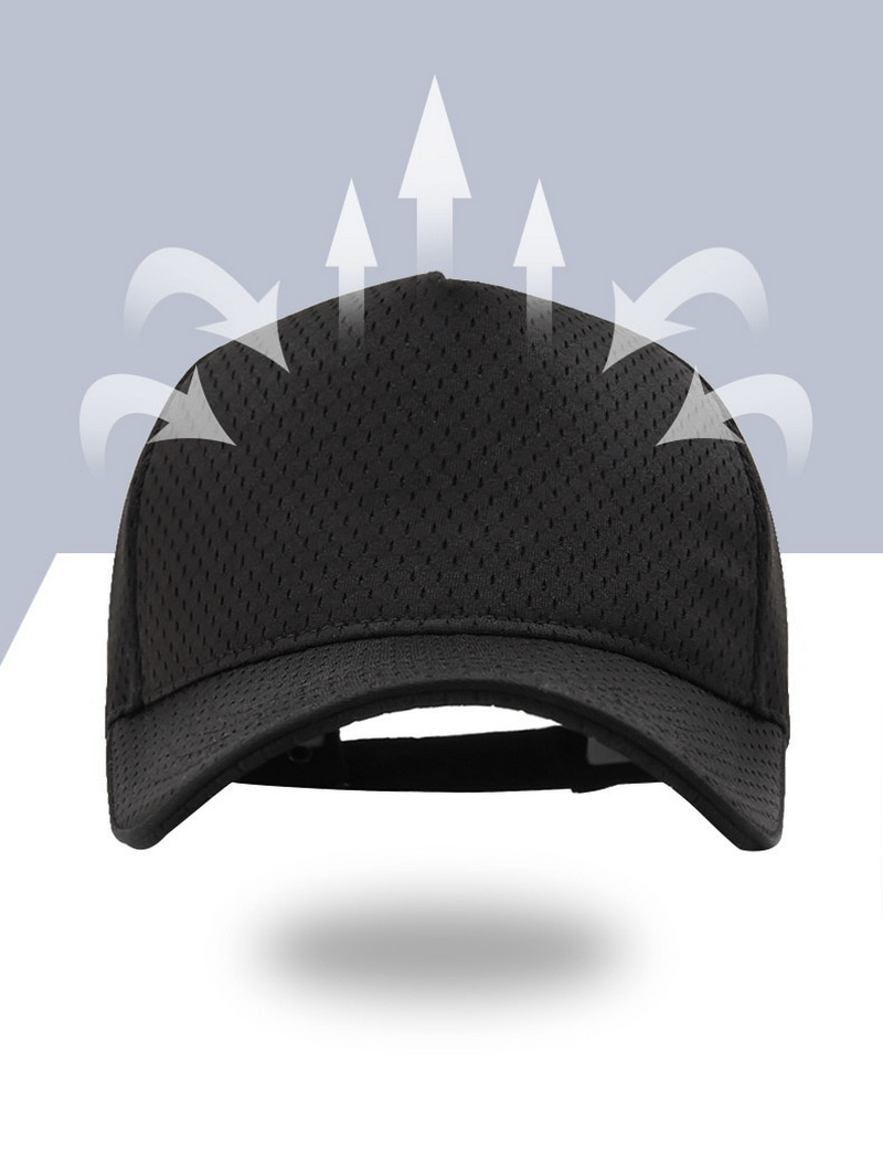 Black mesh quick-dry unisex sports baseball cap with breathable design, perfect for keeping cool during outdoor activities.